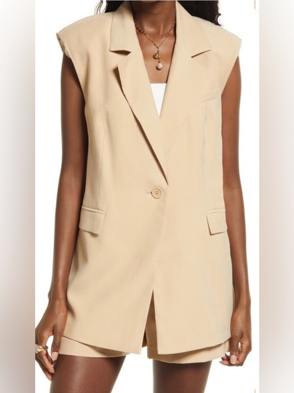 Open Edit Sleeveless Blazer Style Vest with Single Button Closure - Picture 7 of 16